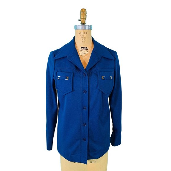 Vintage 70s Cobalt Blue Shirt Womens Large Bust Pockets Polyester Button Down To - Picture 3 of 10